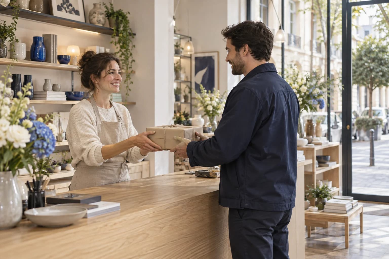 A shop owner preparing a parcel for a local courier handover